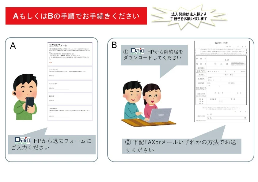 【AもしくはBの手順でお手続きください】※法人契約は法人様より手続きをお願い致します。A、大央ホームページから退去フォームにご入力ください。B、①大央ホームペースから解約届をダウンロードしてください。②下記FAXorメールいずれかの方法でお送りください。